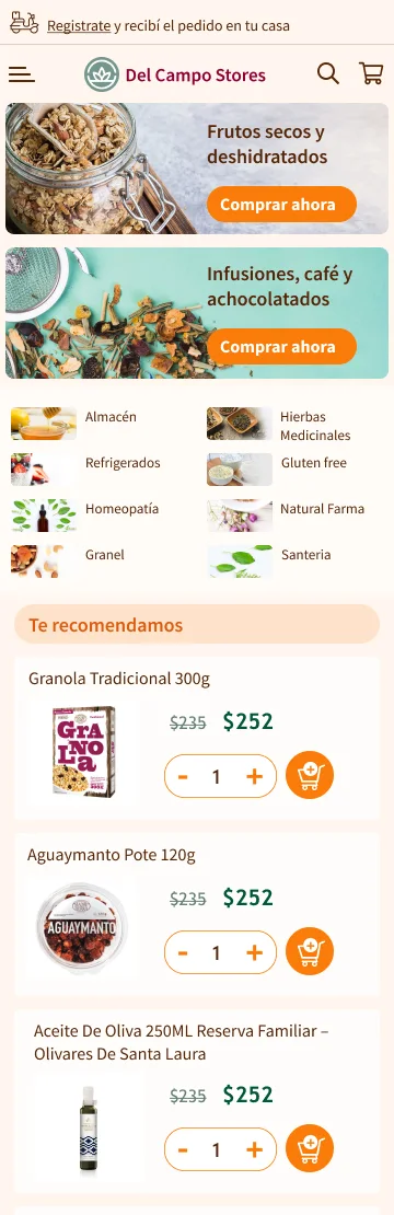 Mobile homepage with stacked promotions, category shortcuts, and recommended products
