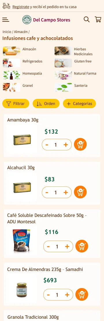 Mobile category listing with filter, sort, and category buttons above repeated product cards