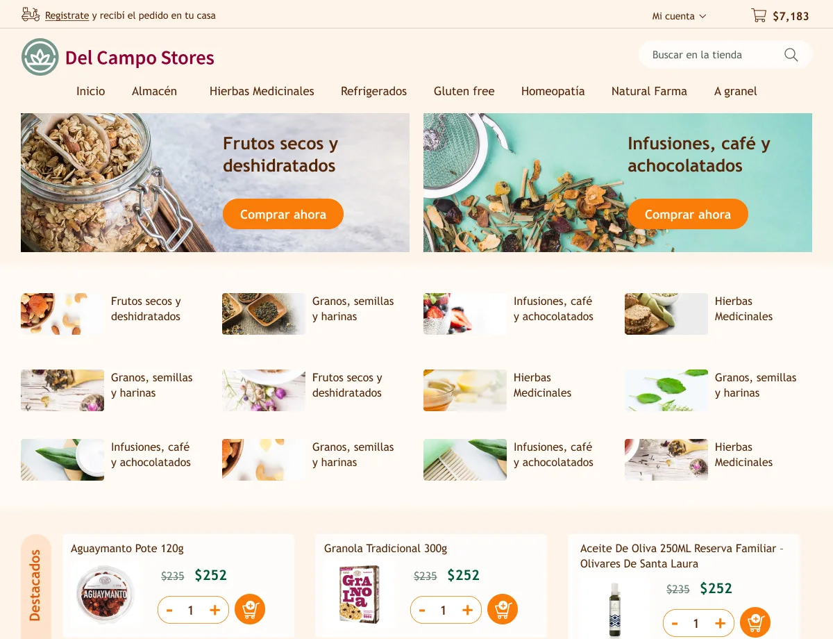 Del Campo desktop storefront with search, category navigation, promotional banners, and featured product cards