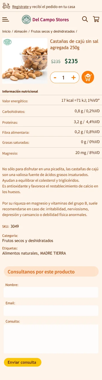 Mobile product detail with cashew image, price and purchase controls, nutrition table, description, and product inquiry form