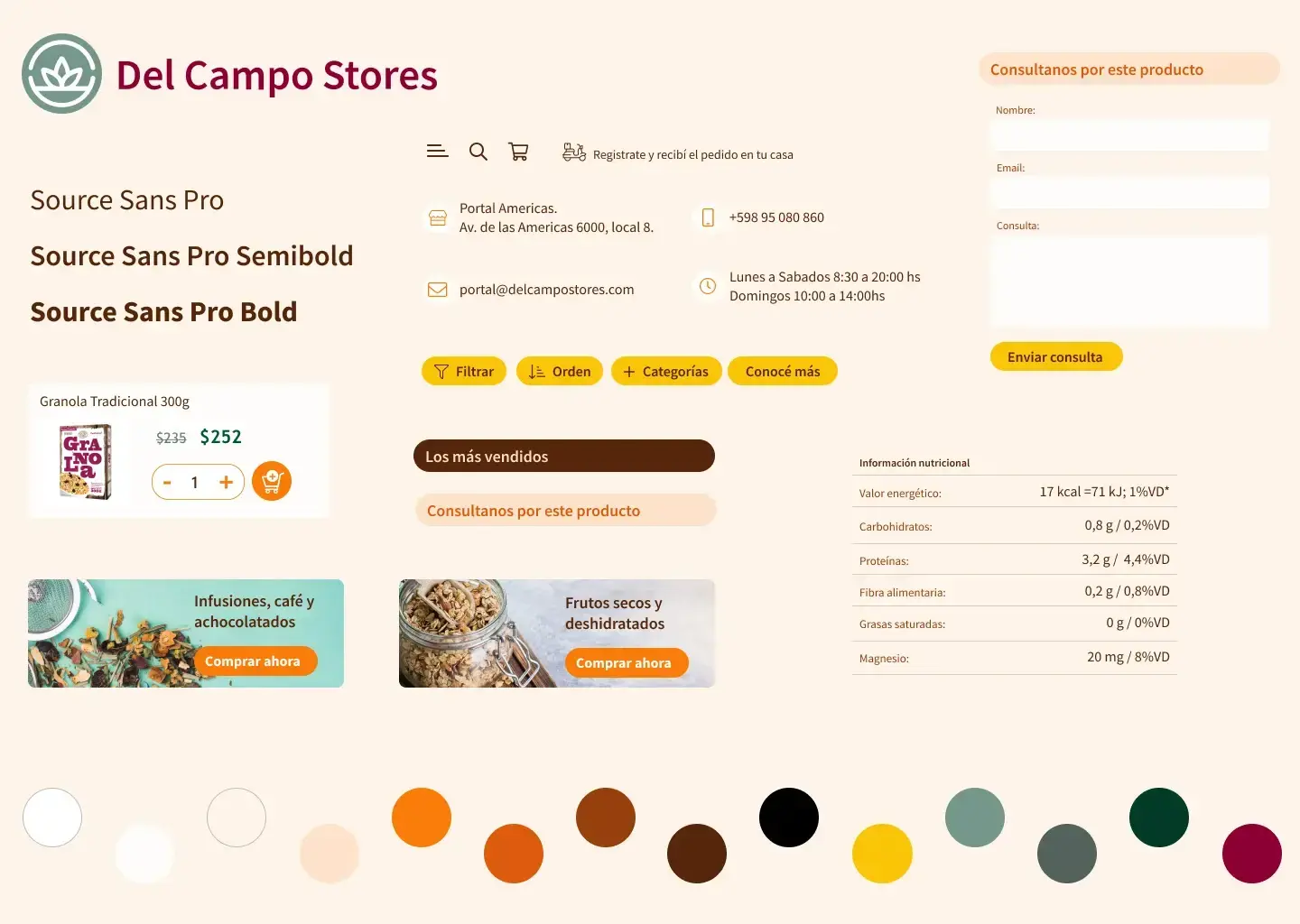 Del Campo Stores design board with its logo, warm color palette, typography, and interface components