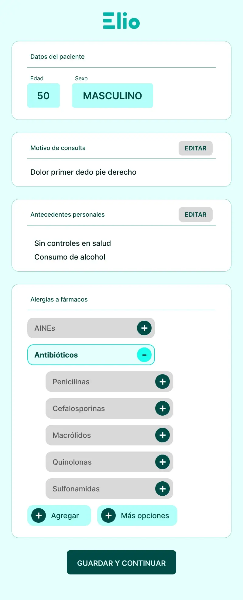 Elio mobile interface with an aqua color palette, labeled inputs, and symptom selection
